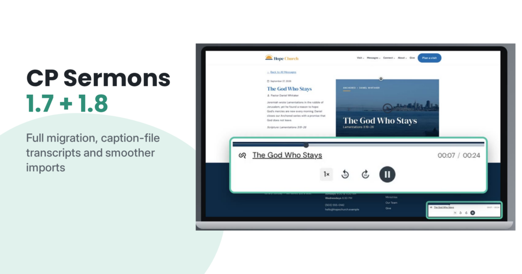 A sermon page on a church website with the sermon player docked at the bottom.