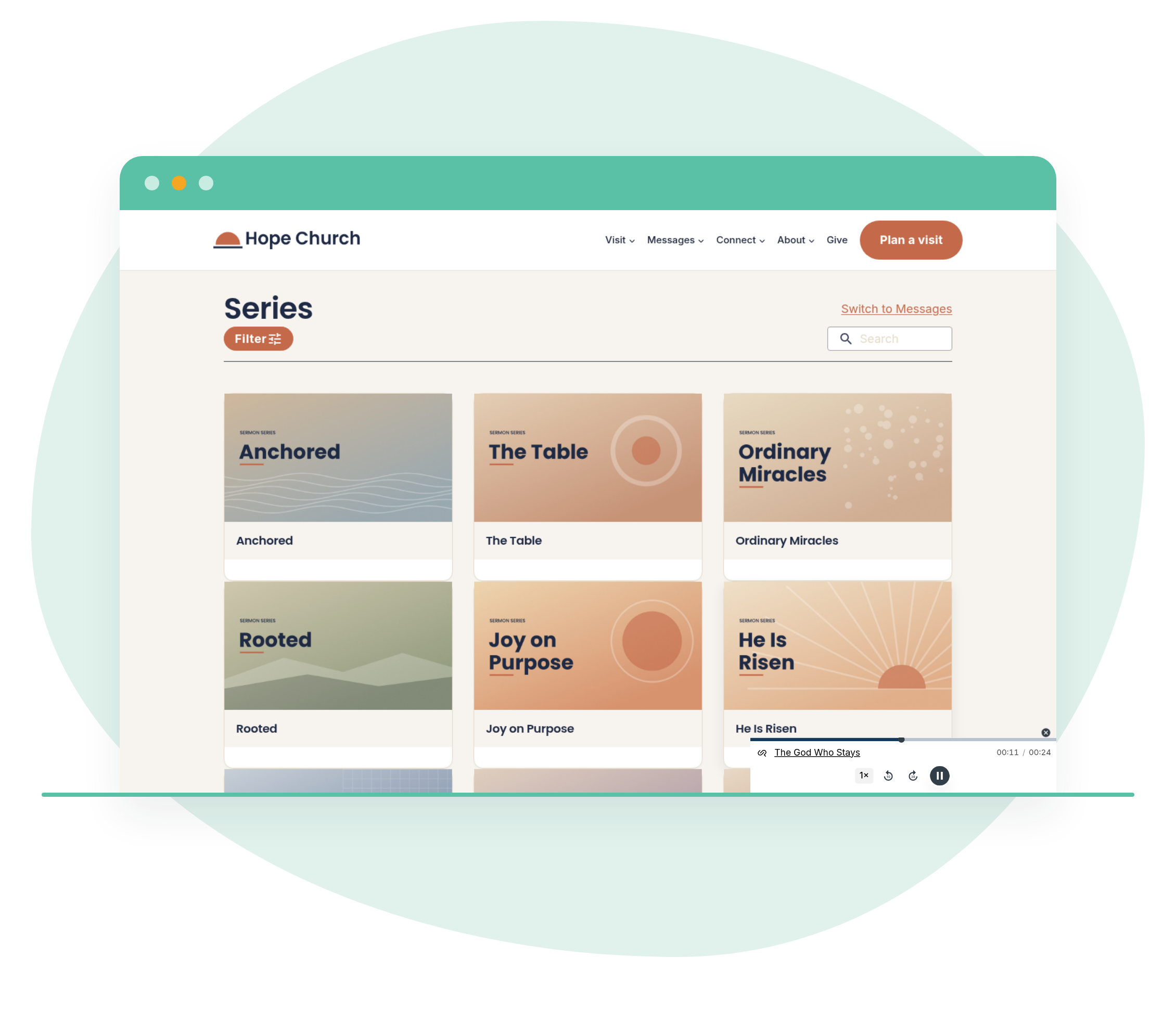 The sermon player docked at the bottom of a church website
