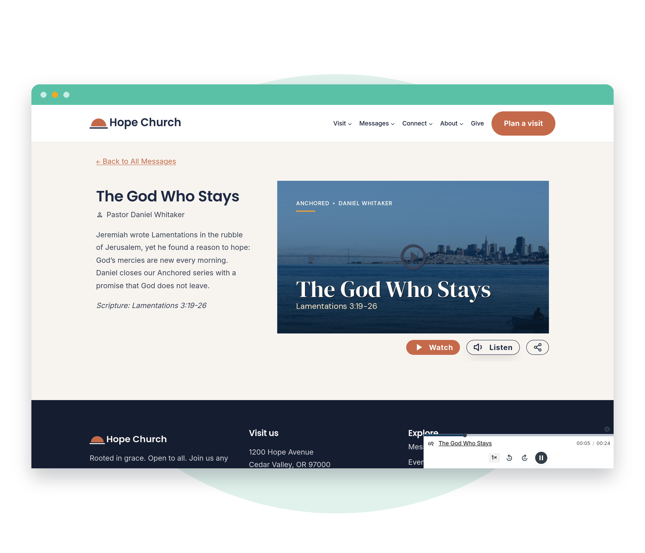 A sermon page on a church website, with the player using the site font