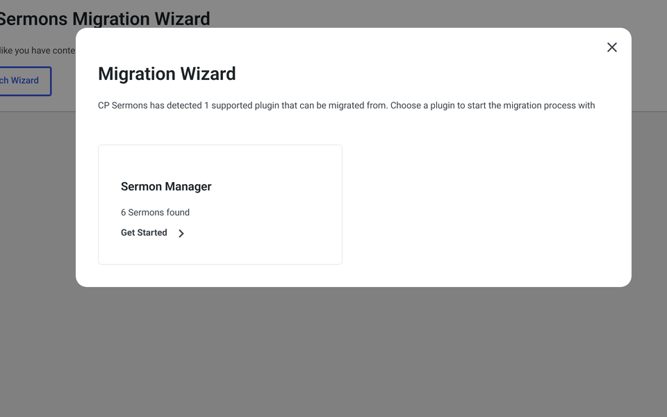 Migration Wizard showing Sermon Manager with 6 sermons found