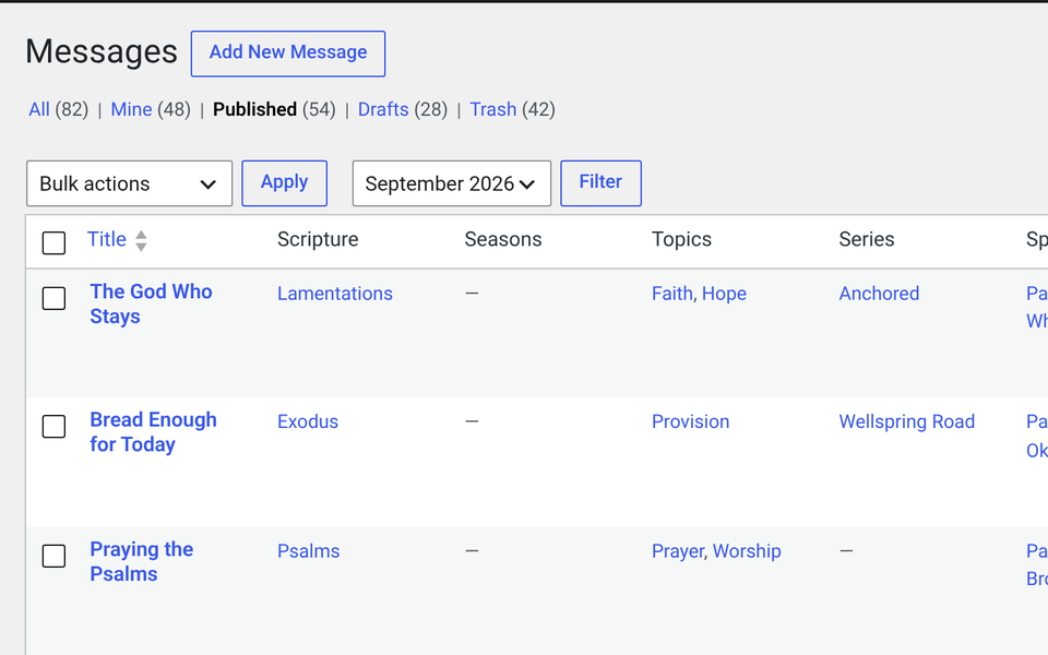 Imported sermons in the CP Sermons Messages list
