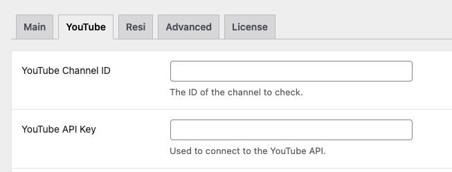YouTube tab — Channel ID and API Key fields